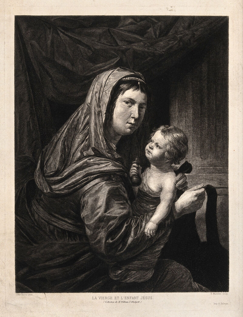 Saint Mary (the Blessed Virgin) with the Christ Child. Etching by N. Martinez after O. Veen [O. Vaenius]., by Otto van Veen