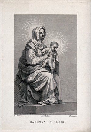 view Saint Mary (the Blessed Virgin) with the Christ Child. Line engraving by P. Mancion after F. Floridi after C. Dolci.