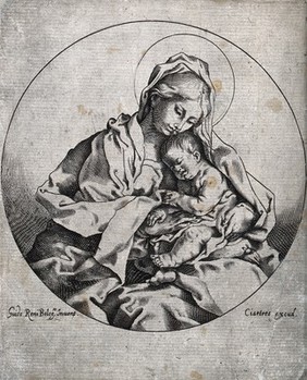 Saint Mary (the Blessed Virgin) with the Christ Child. Line engraving after G. Reni.