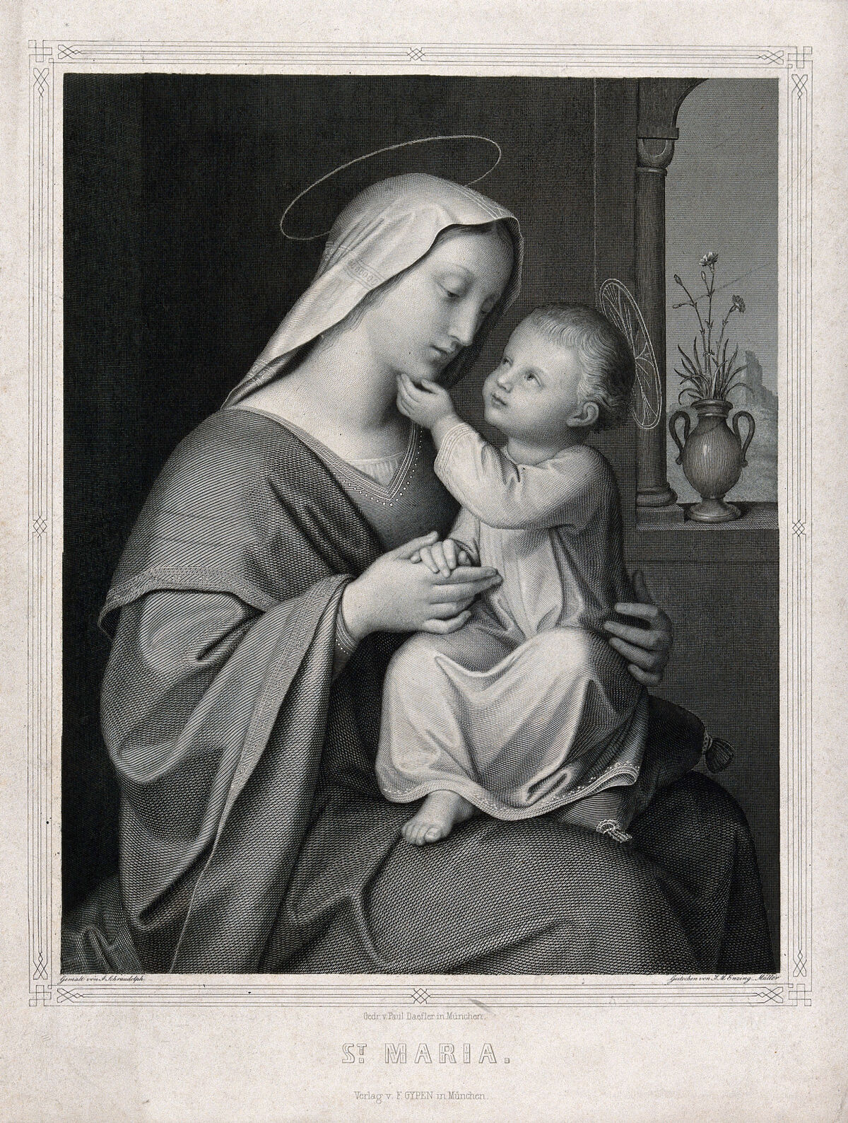 Saint Mary (the Blessed Virgin) with the Christ Child. Engraving by J.M. Enzing-Müller after J. Schraudolph., by Johann von Schraudolph