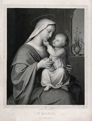 view Saint Mary (the Blessed Virgin) with the Christ Child. Engraving by J.M. Enzing-Müller after J. Schraudolph.