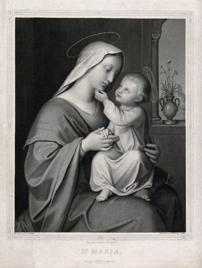 Saint Mary (the Blessed Virgin) with the Christ Child. Engraving by J.M. Enzing-Müller after J. Schraudolph., by Johann von Schraudolph