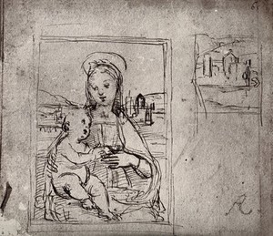 view Saint Mary (the Blessed Virgin) with the Christ Child. Reproduction of a pen and ink drawing by Raphael.