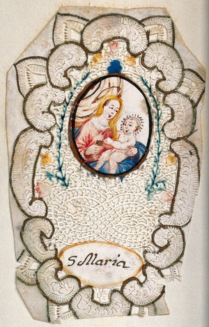 view Saint Mary (the Blessed Virgin) with the Christ Child. Watercolour with cut paper surround.