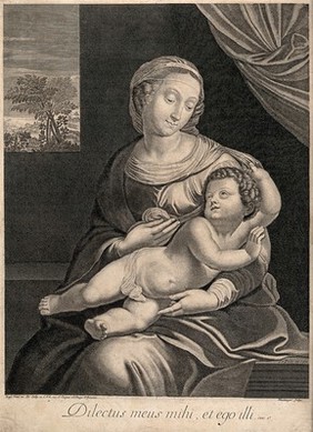 Saint Mary (the Blessed Virgin) with the Christ Child. Engraving by J. Boulanger after Raphael.