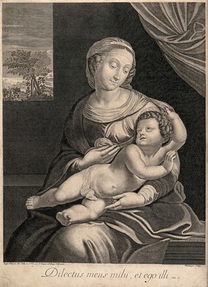 view Saint Mary (the Blessed Virgin) with the Christ Child. Engraving by J. Boulanger after Raphael.