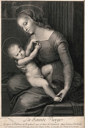 view Saint Mary (the Blessed Virgin) with the Christ Child. Line engraving by C. Duflos and N. de Larmessin after Raphael.