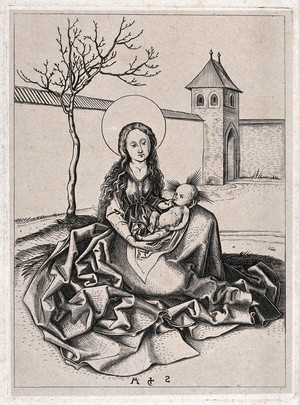 view Saint Mary (the Blessed Virgin) with the Christ Child. Engraving by W.Y. Ottley after M. Schongauer.