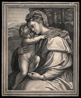 Saint Mary (the Blessed Virgin) with the Christ Child. Engraving.