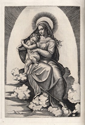 Saint Mary (the Blessed Virgin) with the Christ Child. Collotype (?) after Marcantonio Raimondi after Raphael.