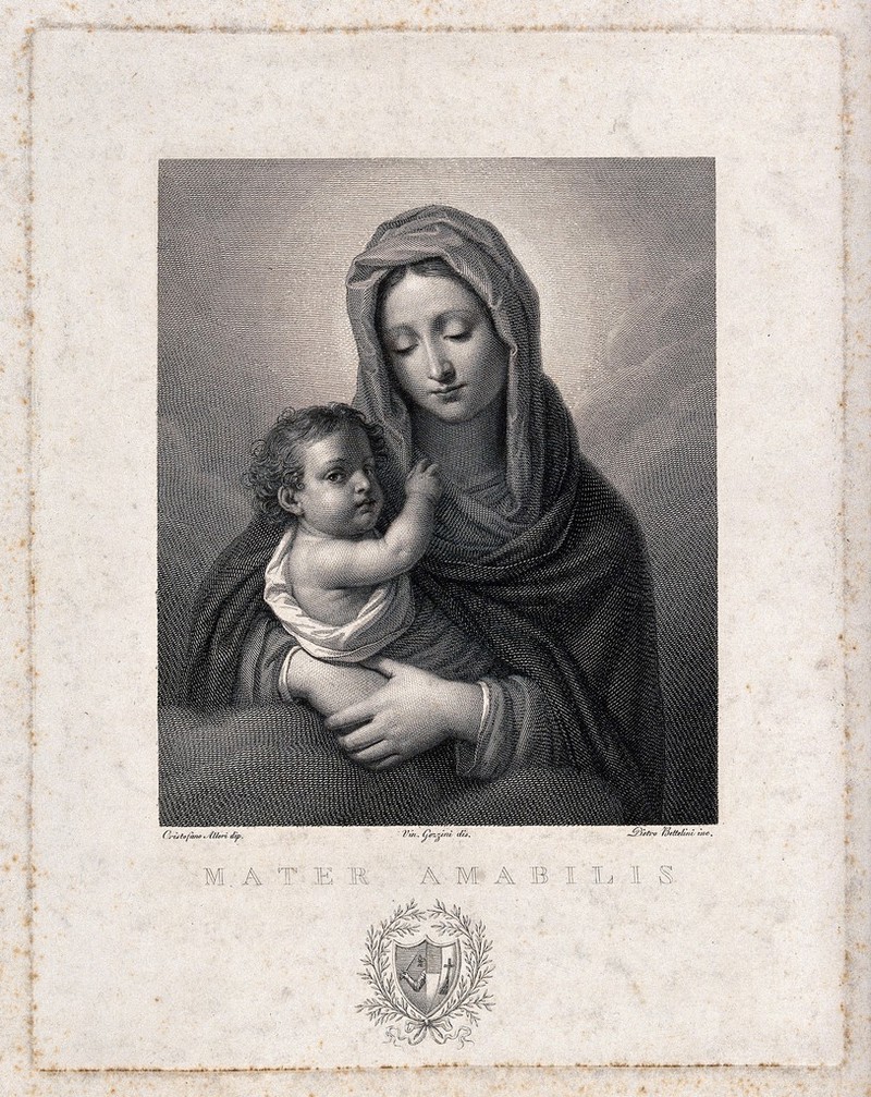 Saint Mary (the Blessed Virgin) with the Christ Child. Line engraving by P. Bettelini after V. Gozzini after C. Allori., by Cristofano Allori
