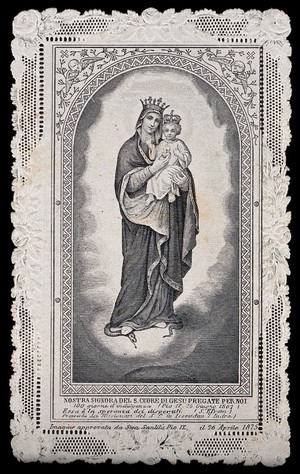 view Saint Mary (the Blessed Virgin) holding the Christ Child and the Sacred Heart. Engraving, 1875.