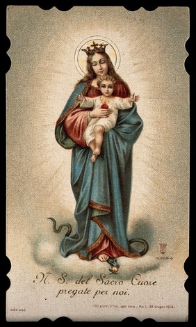 Saint Mary (the Blessed Virgin) holding the Christ Child and the Sacred Heart. Colour lithograph, 1898.