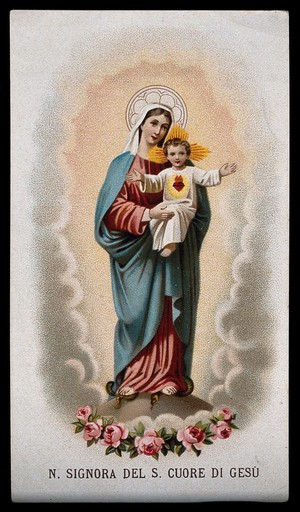 view Saint Mary (the Blessed Virgin) with the Christ Child. Colour lithograph, 1870.