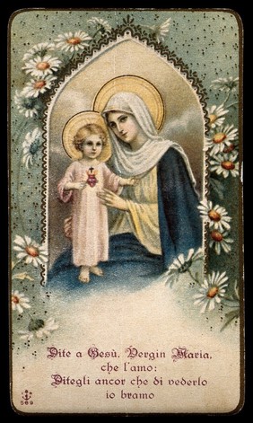 Saint Mary (the Blessed Virgin) with the Christ Child. Colour lithograph.