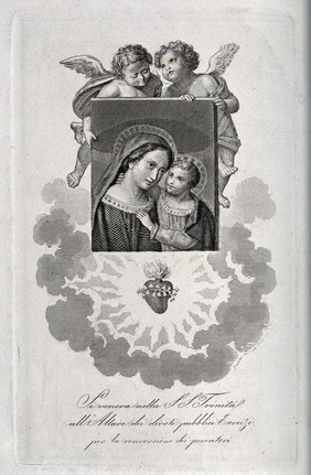 Saint Mary (the Blessed Virgin) with the Christ Child and the Sacred Heart. Engraving by R. Bedetti.