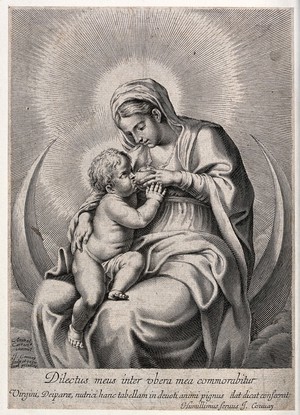 view Saint Mary (the Blessed Virgin) with the Christ Child. Engraving by J. Couvay after Annibale Carracci.