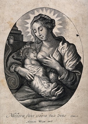 view Saint Mary (the Blessed Virgin) with the Christ Child. Line engraving.