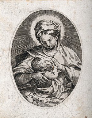 view Saint Mary (the Blessed Virgin) with the Christ Child. Etching by Annibale Carracci.