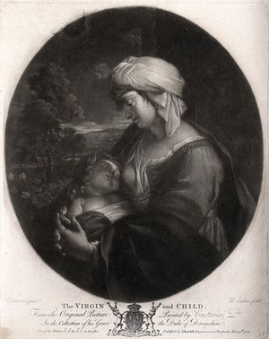 view Saint Mary (the Blessed Virgin) with the Christ Child. Mezzotint by R. Earlom, 1769, after S. Cantarini, il Pesarese.