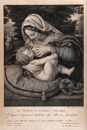 Saint Mary (the Blessed Virgin) with the Christ Child. Engraving by J. de Meulemeester after A. Solari.