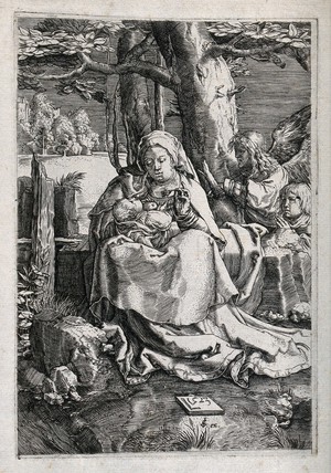 view Saint Mary (the Blessed Virgin) with the Christ Child. Etching after Lucas van Leyden, 1523.