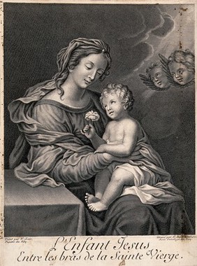 Saint Mary (the Blessed Virgin) with the Christ Child. Line engraving by N. Bazin, 1689, after N.P. Loir.