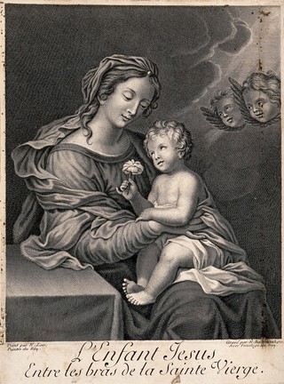Saint Mary (the Blessed Virgin) with the Christ Child. Line engraving by N. Bazin, 1689, after N.P. Loir.