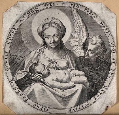 Saint Mary (the Blessed Virgin) with the Christ Child and an angel. Engraving by J. Sadeler after Annibale Carracci.