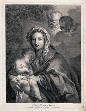 Saint Mary (the Blessed Virgin) with the Christ Child. Engraving.