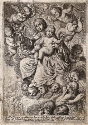 Saint Mary (the Blessed Virgin) as the Virgin of Carmel, with the Christ Child. Etching by J. Garcia Hidalgo, 1684.