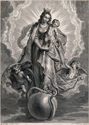 view Saint Mary (the Blessed Virgin) with the Christ Child. Engraving by S.A. Bolswert after Sir P.P. Rubens.