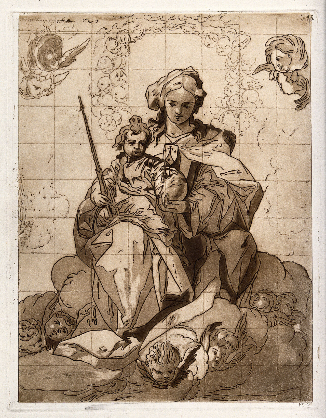 Saint Mary (the Blessed Virgin) with the Christ Child as the Virgin of Mount Carmel. Colour etching by J.J. Martínez Espinosa, 1874, after Sebastián de Herrera Barnuevo., 1874, by Sebastián Herrera Barnuevo
