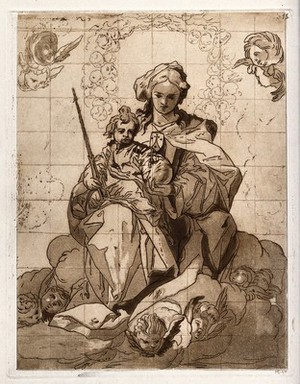 view Saint Mary (the Blessed Virgin) with the Christ Child as the Virgin of Mount Carmel. Colour etching by J.J. Martínez Espinosa, 1874, after Sebastián de Herrera Barnuevo.