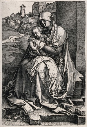 view Saint Mary (the Blessed Virgin) with the Christ Child. Engraving after A. Dürer, 1514.
