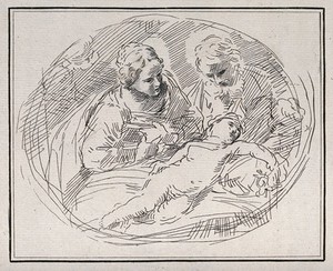 view Saint Mary (the Blessed Virgin) and Saint Joseph with the Christ Child. Etching by G. Canale.