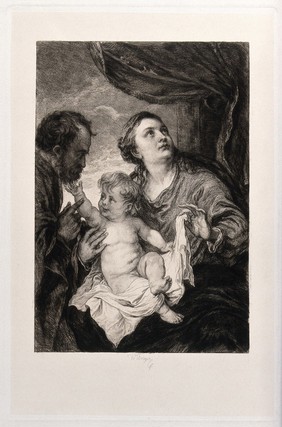 Saint Mary (the Blessed Virgin) and Saint Joseph with the Christ Child. Etching by W. Unger after Sir A. van Dyck.