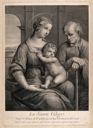 view Saint Mary (the Blessed Virgin) and Saint Joseph with the Christ Child. Engraving by J. Chereau, ca. 1729, after Raphael.