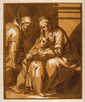 view Saint Mary (the Blessed Virgin) and Saint Joseph with the Christ Child. Colour etching with woodcut by F. Bloemaert after Abraham Bloemaert.