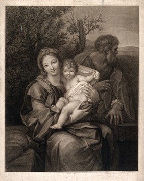 Saint Mary (the Blessed Virgin) and Saint Joseph with the Christ Child. Stipple engraving by F. Bartolozzi, 1797, after P. Violet after C. Maratta.