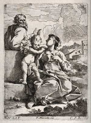 view Saint Mary (the Blessed Virgin) and Saint Joseph with the Christ Child. Etching by N. Loir.