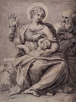 view Saint Mary (the Blessed Virgin) and Saint Joseph with the Christ Child. Engraving by Agostino Carracci, 1597.