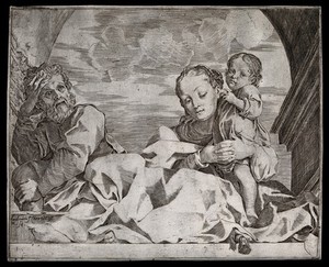 view Saint Mary (the Blessed Virgin) and Saint Joseph with the Christ Child. Etching by L. Carracci.