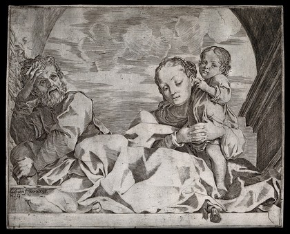 Saint Mary (the Blessed Virgin) and Saint Joseph with the Christ Child. Etching by L. Carracci.