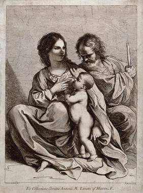 Saint Mary (the Blessed Virgin) and Saint Joseph with the Christ Child. Etching by F. Bartolozzi, 1764, after G.F. Barbieri, il Guercino.