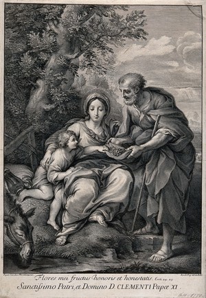 view The Holy Family rest on the way to Egypt, eating from a miraculous tree. Engraving by J. Frey after C. Maratta.