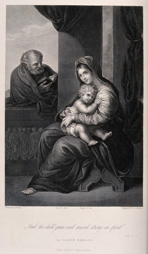 view Saint Mary (the Blessed Virgin) and Saint Joseph with the Christ Child. Engraving by J. Jenkins after N. Poussin.