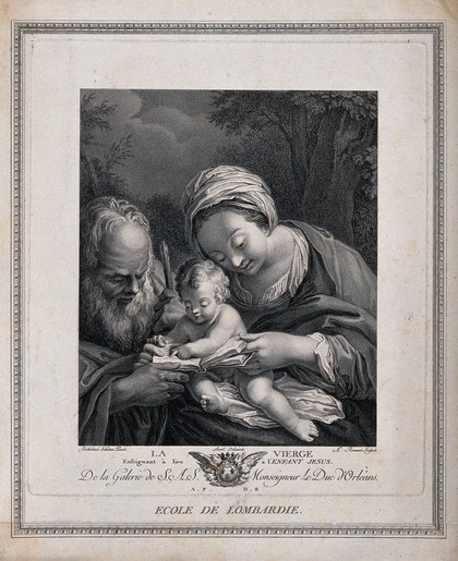 Saint Mary (the Blessed Virgin) and Saint Joseph with the Christ Child. Engraving by A.L. Romanet after B. Schedoni.