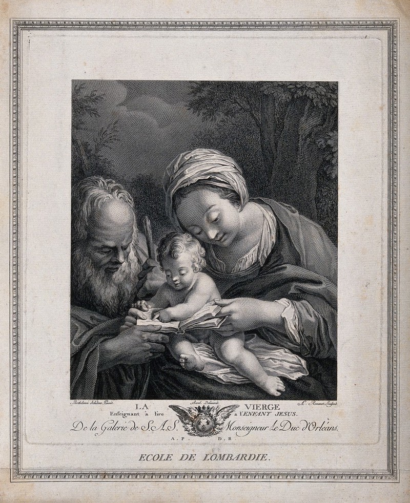 Saint Mary (the Blessed Virgin) and Saint Joseph with the Christ Child. Engraving by A.L. Romanet after B. Schedoni., by Bartolomeo Schedoni