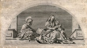 view Saint Mary (the Blessed Virgin) and Saint Joseph with the Christ Child. Engraving attributed to G.B. Cavalieri after Andrea del Sarto, 1573.